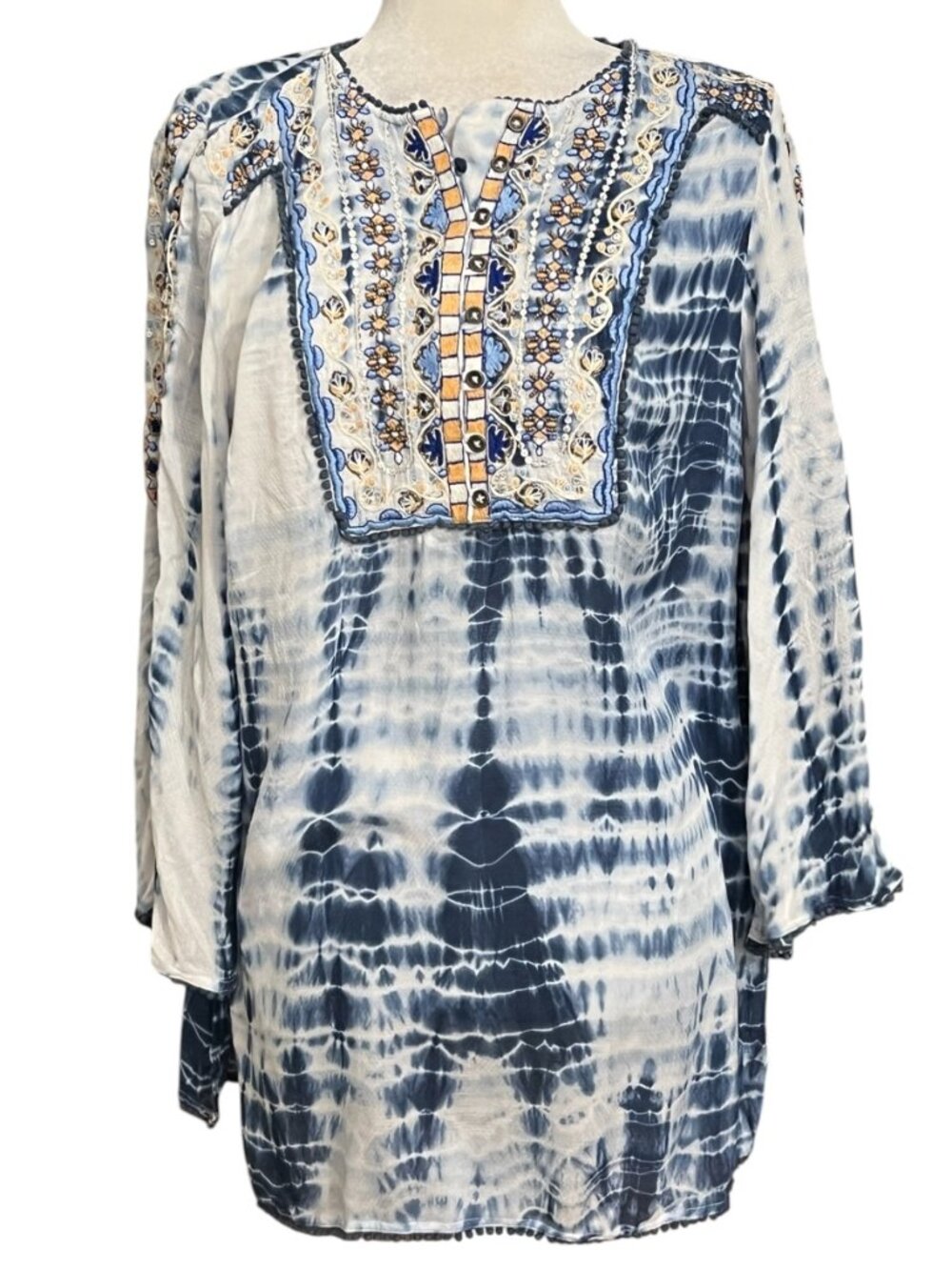 Chico's 1 Blue Tie Dye Embroidered Tunic Top Boho Beaded Rayon Womens M L